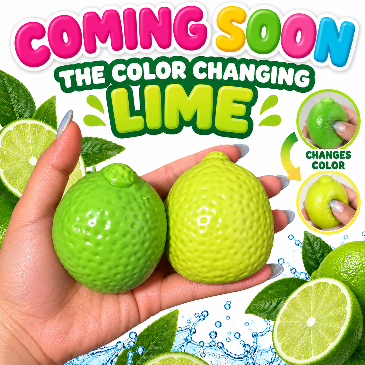 Color changing lime squishy sensory toy showing green to yellow color change