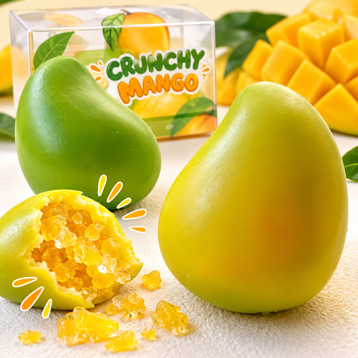 New arrival crunchy mango squishy toy in green and golden yellow, featuring a satisfying crunchy filling and mango-themed packaging.