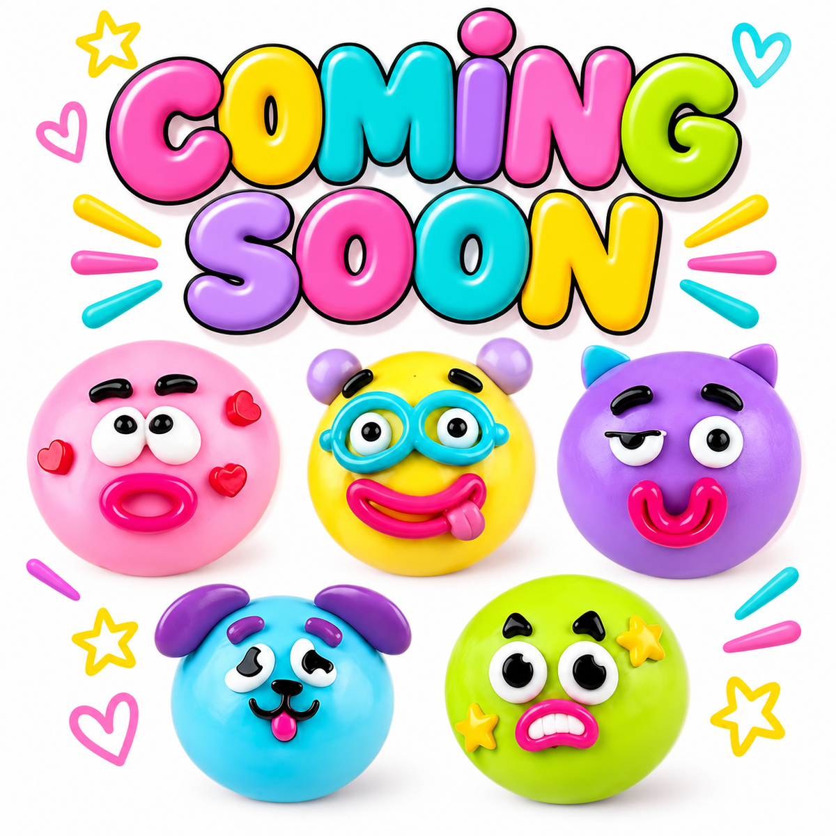 Colorful funny emoji squishy faces in pink, yellow, purple, blue, and green with playful expression