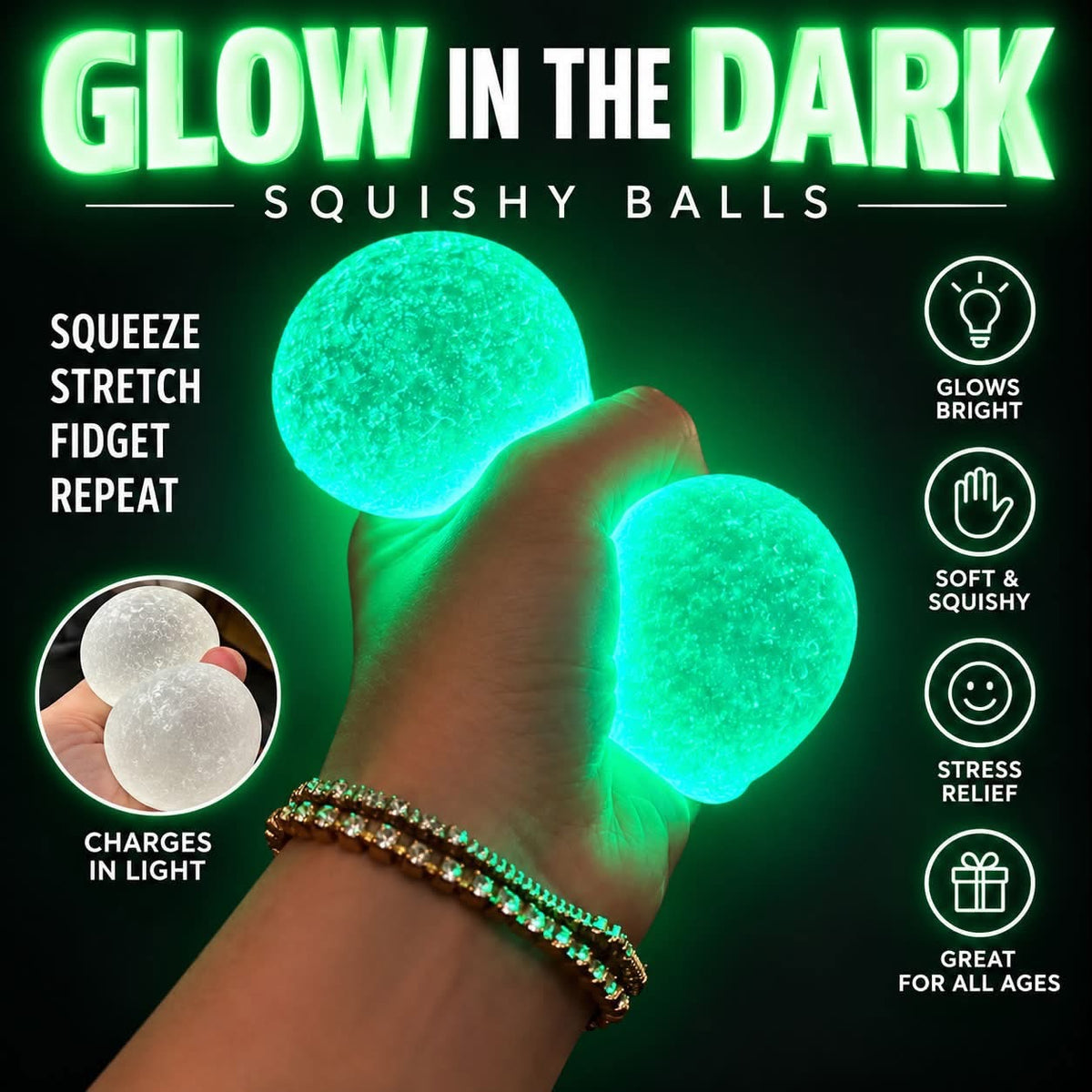 Glow in the dark squish ball fidget toy with soft, stretchy texture for squeezing and sensory play