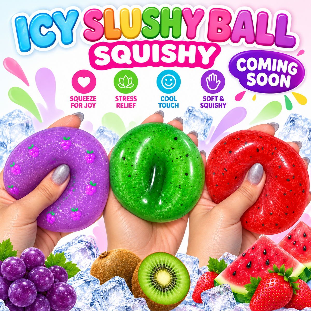Icy Slushy Ball Squishy sensory fidget toys in purple green and red colors