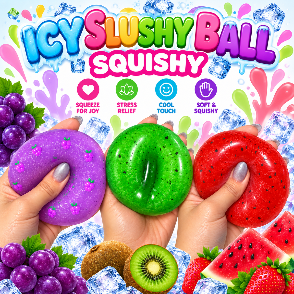 Set of 3 Icy Slushy Ball Squishies in purple green and red