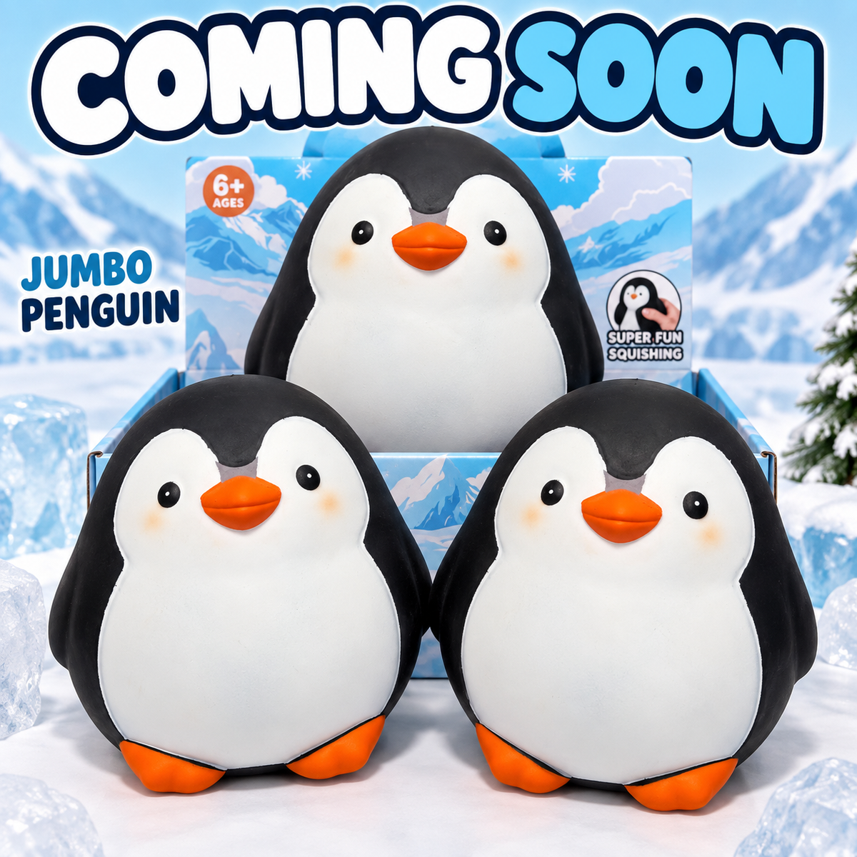 jumbo black-and-white penguin squishies with orange beaks and feet, shown with winter-themed packaging and an icy backdrop.
