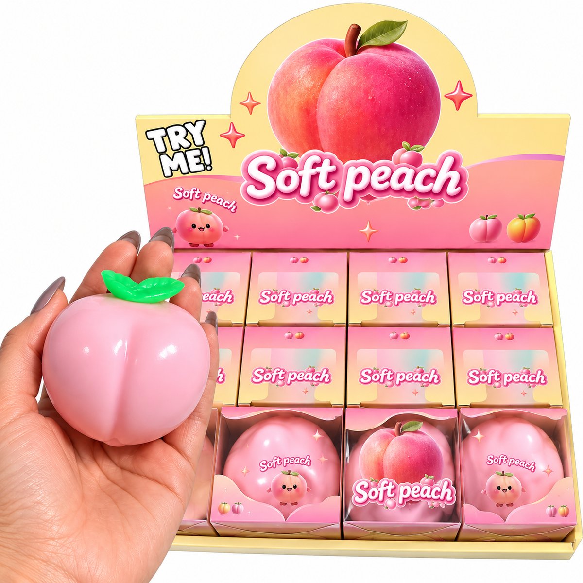 Pink soft peach squishy sensory fidget toy held in hand with green leaf