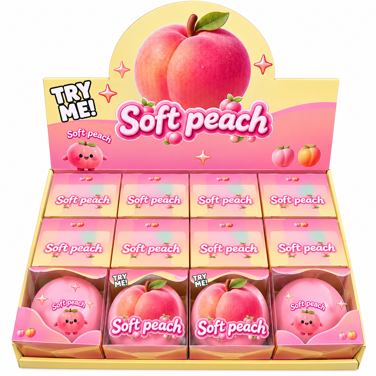Soft peach squishy toys in pink packaging arranged in a retail display box