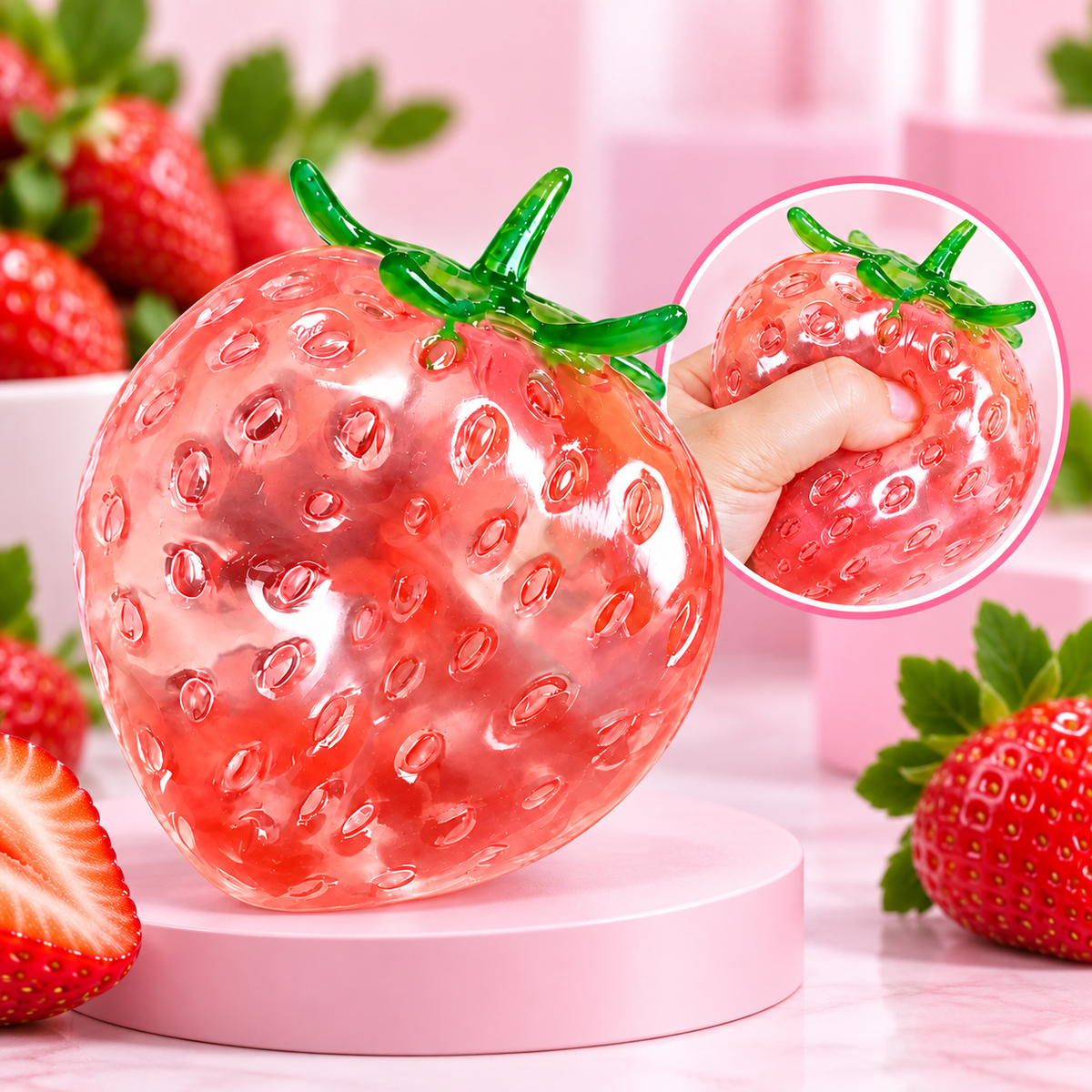 Glossy translucent strawberry squishy toy displayed on a pink pedestal with fresh strawberries in the background and an inset showing the squishy being squeezed.