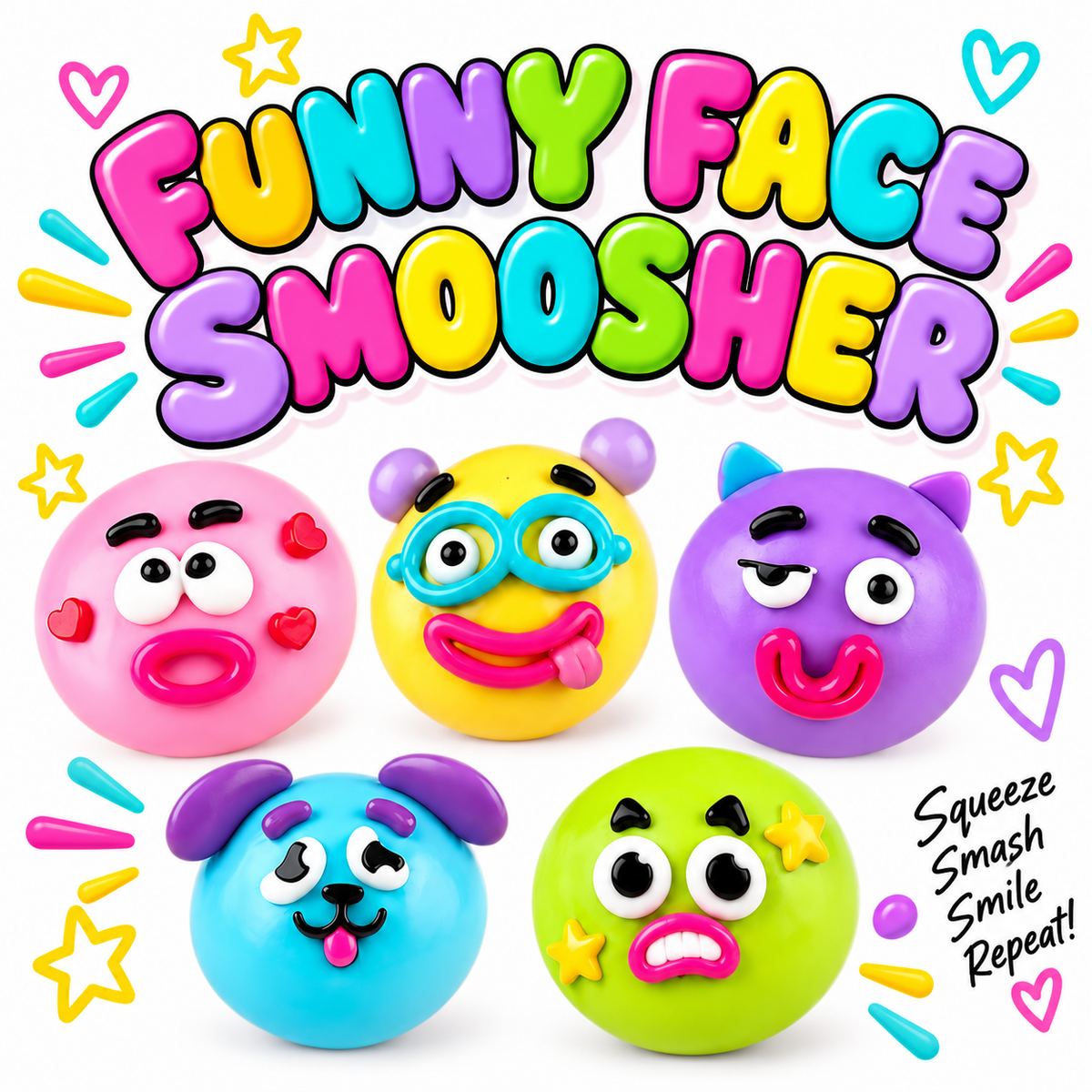 ive colorful funny face squishy toys with playful expressions, including a pink heart face, yellow face with glasses, purple cat face, blue puppy face, and green surprised face, featured in a bright Funny Face Smoosher graphic.