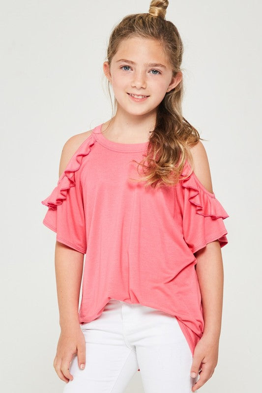 W&amp;W Ruffled Cold Shoulder Top - Candy Pink