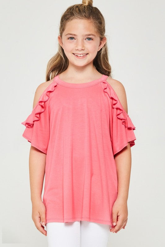 W&amp;W Ruffled Cold Shoulder Top - Candy Pink