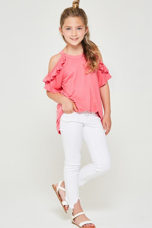 W&amp;W Ruffled Cold Shoulder Top - Candy Pink