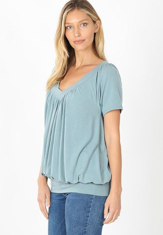 W&amp;W SHORT SLEEVE SHIRRING TOP - BLUE GREY