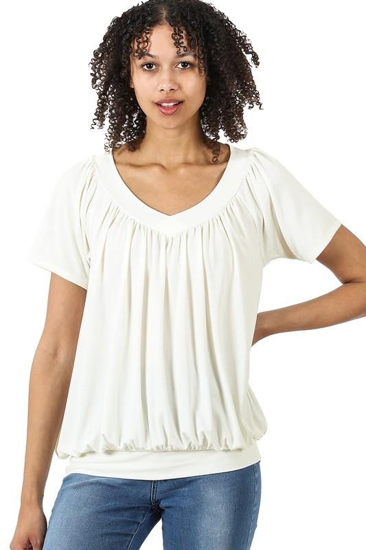 W&amp;W SHORT SLEEVE SHIRRING TOP - IVORY