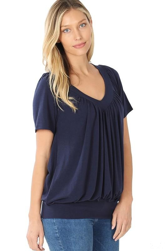 W&amp;W SHORT SLEEVE SHIRRING TOP - NAVY