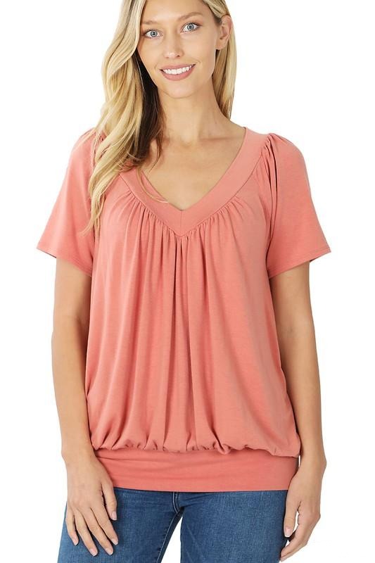 W&amp;W SHORT SLEEVE SHIRRING TOP - ASH ROSE