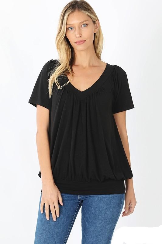 W&amp;W SHORT SLEEVE SHIRRING TOP - BLACK