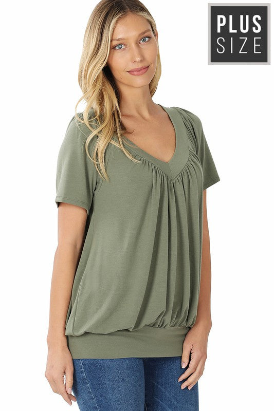 W&amp;W V-NECK SHORT SLEEVE TOP - LT OLIVE