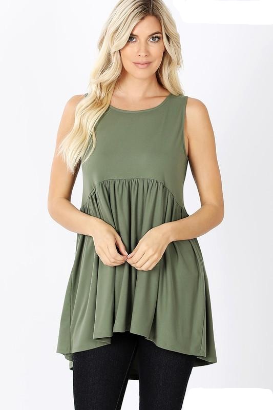 SLEEVELESS EMPIRE WAIST SHIRRING TOP - LT OLIVE