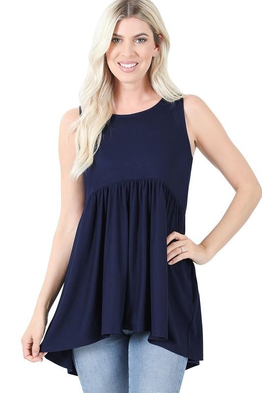 SLEEVELESS EMPIRE WAIST SHIRRING TOP - NAVY