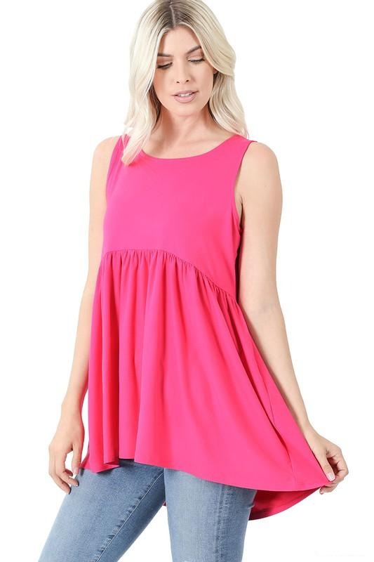 SLEEVELESS EMPIRE WAIST SHIRRING TOP - FUCHSIA