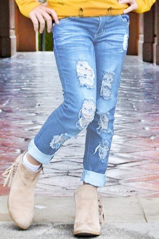 W&amp;W Girls Distress Jean - Light Wash