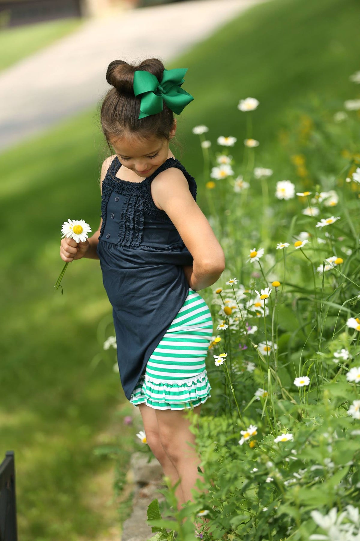 Ruffled Shorties - Green/White Stripe - Pearls and Piggytails