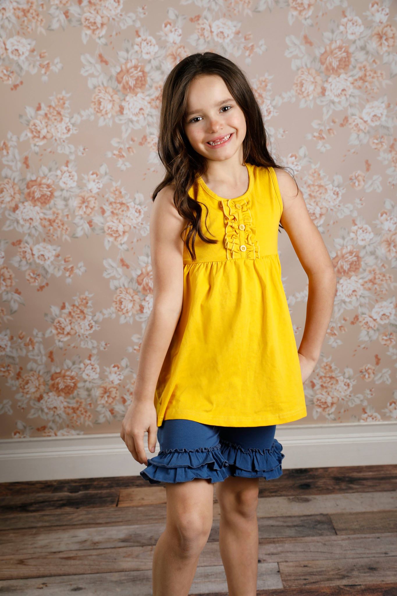 Pearls and Piggytails Ruffle Shorties in Levi Blue