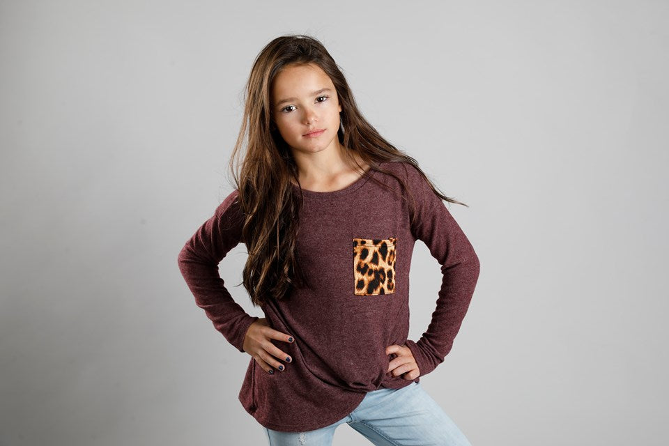W&amp;W Front Knot Top with Animal Print Pocket - 3 Colors