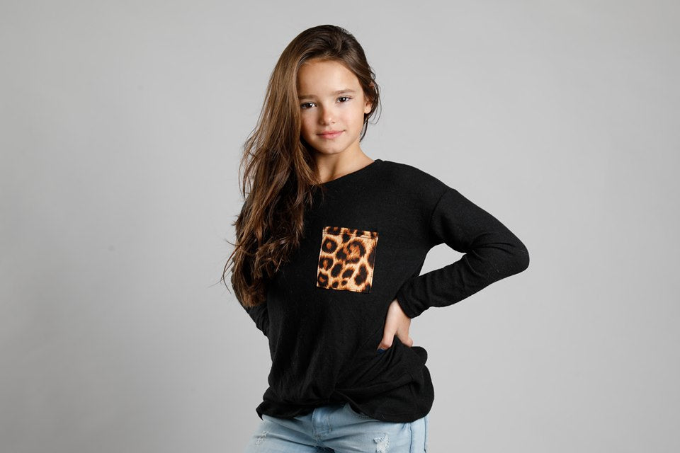 W&amp;W Front Knot Top with Animal Print Pocket - 3 Colors